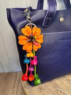 Orange Daisy Flower Leather Bag Charm Genuine Leather Purse Charm Flowers